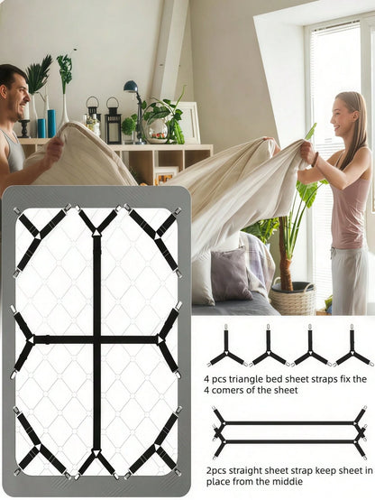 6PCS Bed Sheet Straps, Fitted Bed Sheet Fastener Clips, Adjustable Crisscross Bed Sheet Holder Straps For Corners, Mattress Sheet Suspender Grippers, Bedding Accessories, Black