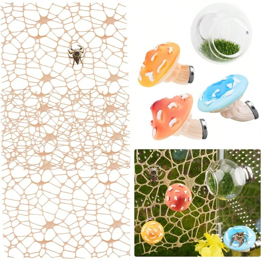 6pcs Jumping Spider Mushroom Platform With Round Transparent Hideout, Transparent Ball Grass Cave, Mesh Moss Vine, Reptile Fence Accessories, Reptile Resting And Exploration Platform, Perfect Habitat