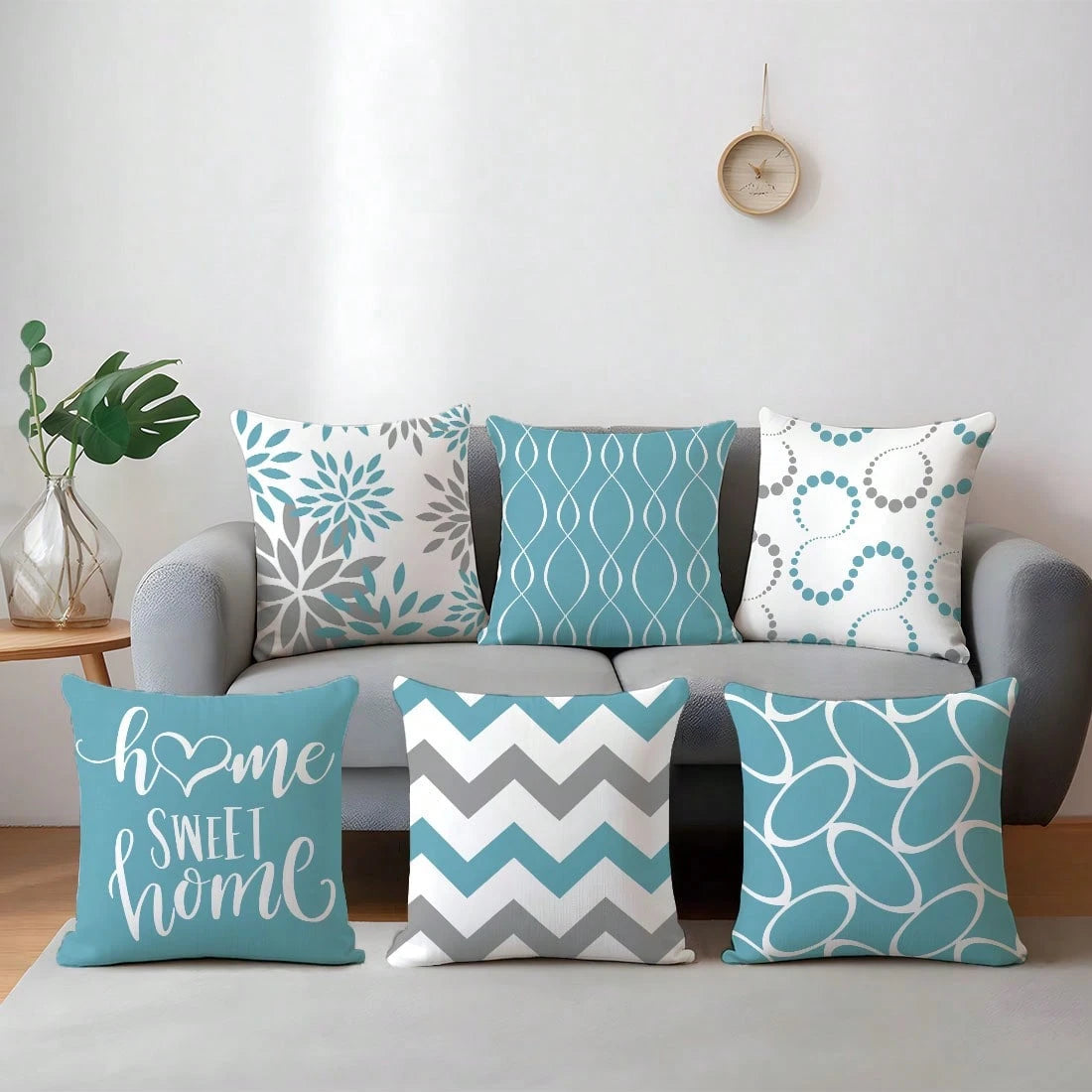 6pcs Minimalist Daily Blue Geometric Home Sweet Cushion Covers, Single-Sided Printed Skin-Friendly Peach Skin Fabric, 45*45/50*50*40*40CM Pillow Covers Suitable For Indoor Decor Party Decoration, Deco