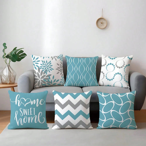 6pcs Minimalist Daily Blue Geometric Home Sweet Cushion Covers, Single-Sided Printed Skin-Friendly Peach Skin Fabric, 45*45/50*50*40*40CM Pillow Covers Suitable For Indoor Decor Party Decoration, Deco