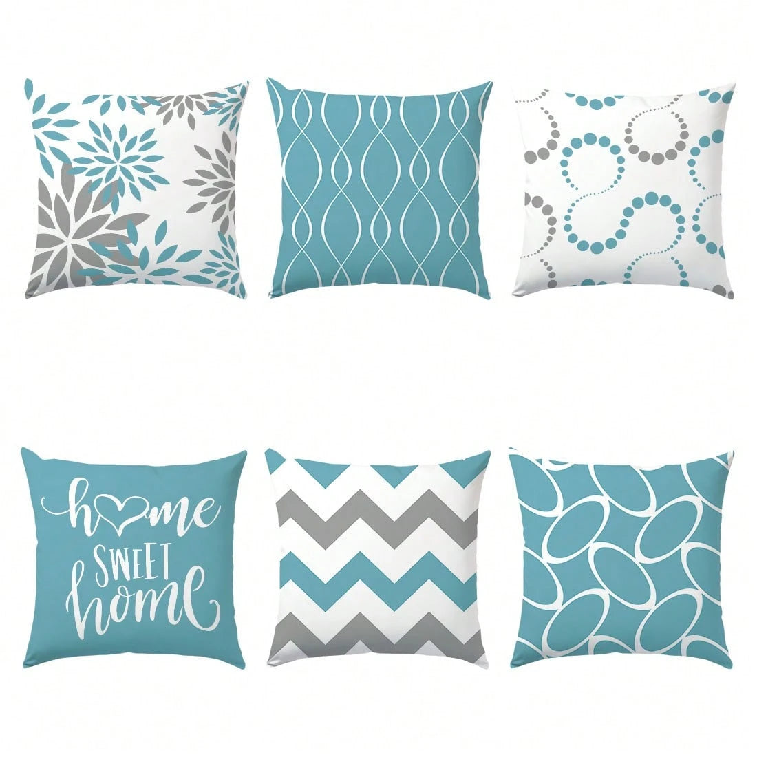 6pcs Minimalist Daily Blue Geometric Home Sweet Cushion Covers, Single-Sided Printed Skin-Friendly Peach Skin Fabric, 45*45/50*50*40*40CM Pillow Covers Suitable For Indoor Decor Party Decoration, Deco