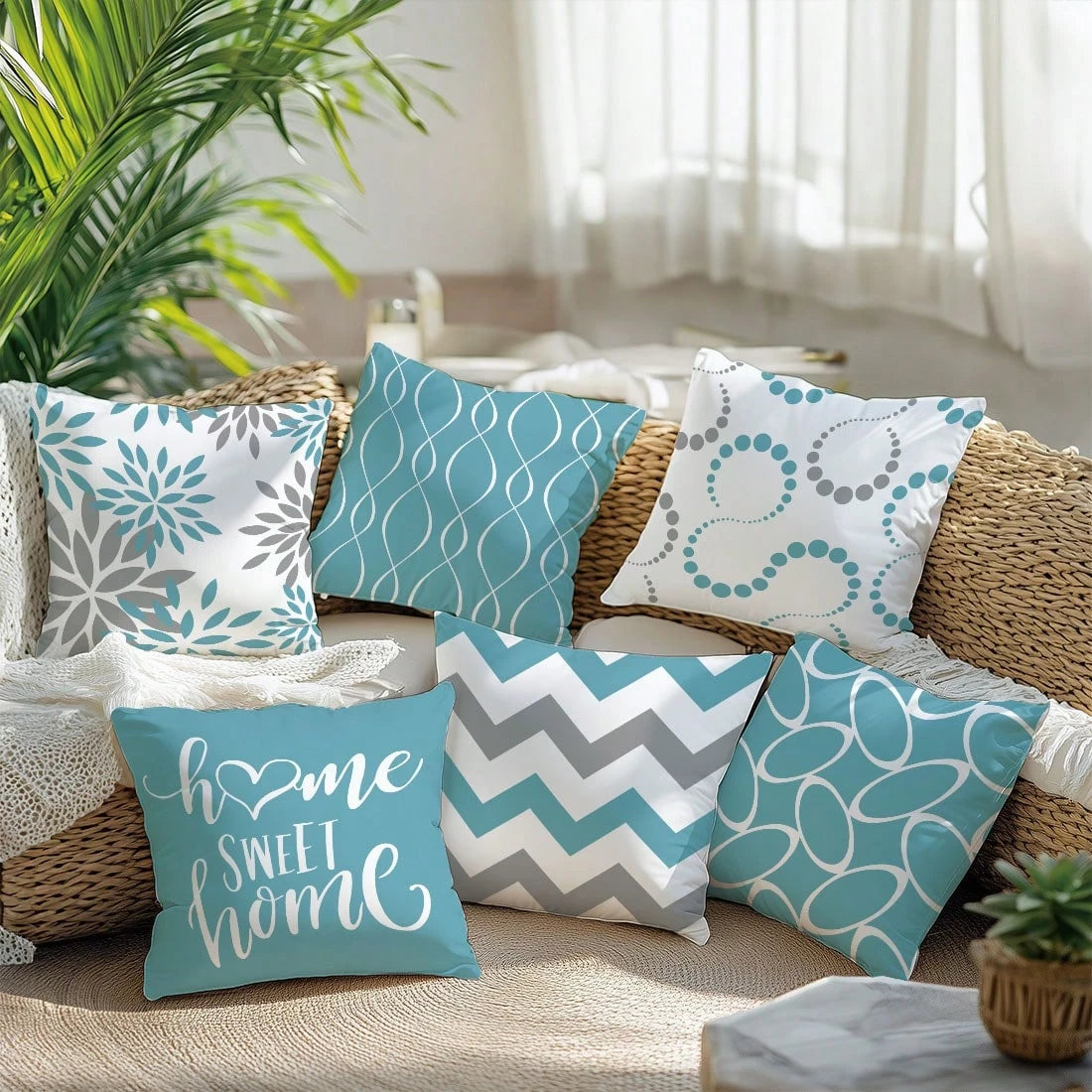 6pcs Minimalist Daily Blue Geometric Home Sweet Cushion Covers, Single-Sided Printed Skin-Friendly Peach Skin Fabric, 45*45/50*50*40*40CM Pillow Covers Suitable For Indoor Decor Party Decoration, Deco