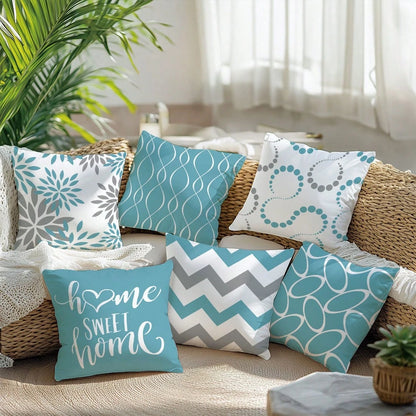 6pcs Minimalist Daily Blue Geometric Home Sweet Cushion Covers, Single-Sided Printed Skin-Friendly Peach Skin Fabric, 45*45/50*50*40*40CM Pillow Covers Suitable For Indoor Decor Party Decoration, Deco