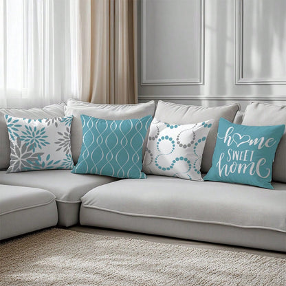 6pcs Minimalist Daily Blue Geometric Home Sweet Cushion Covers, Single-Sided Printed Skin-Friendly Peach Skin Fabric, 45*45/50*50*40*40CM Pillow Covers Suitable For Indoor Decor Party Decoration, Deco