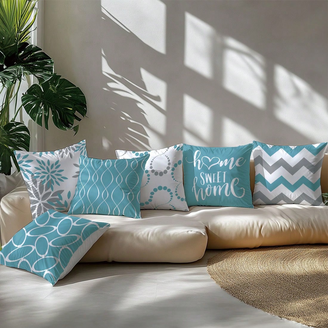 6pcs Minimalist Daily Blue Geometric Home Sweet Cushion Covers, Single-Sided Printed Skin-Friendly Peach Skin Fabric, 45*45/50*50*40*40CM Pillow Covers Suitable For Indoor Decor Party Decoration, Deco