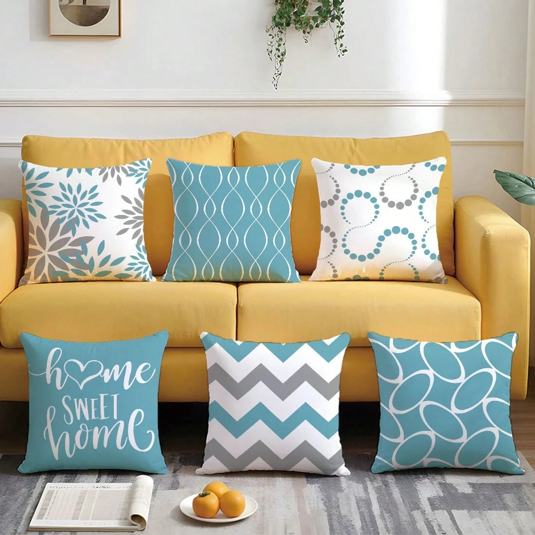 6pcs Minimalist Daily Blue Geometric Home Sweet Cushion Covers, Single-Sided Printed Skin-Friendly Peach Skin Fabric, 45*45/50*50*40*40CM Pillow Covers Suitable For Indoor Decor Party Decoration, Deco