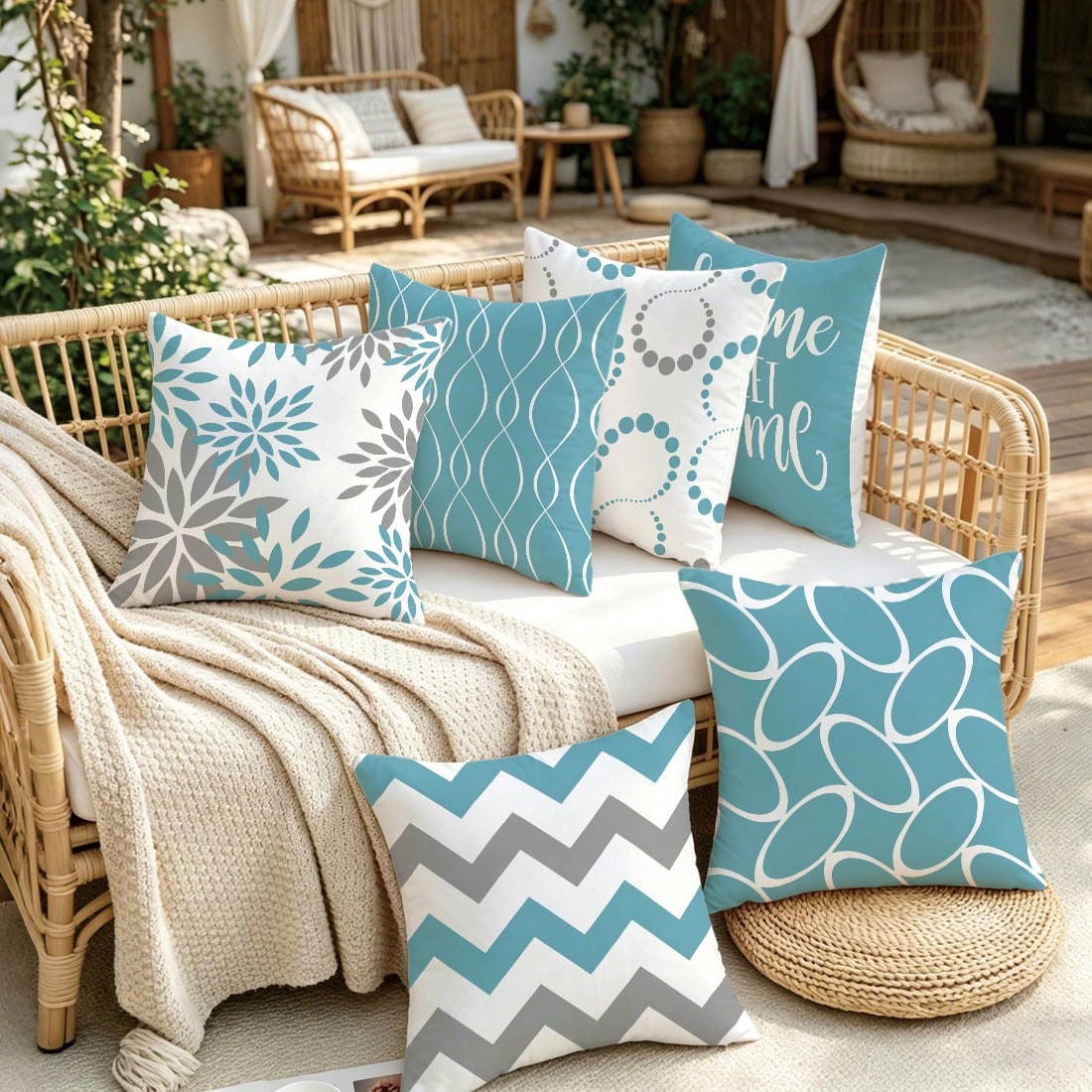 6pcs Minimalist Daily Blue Geometric Home Sweet Cushion Covers, Single-Sided Printed Skin-Friendly Peach Skin Fabric, 45*45/50*50*40*40CM Pillow Covers Suitable For Indoor Decor Party Decoration, Deco