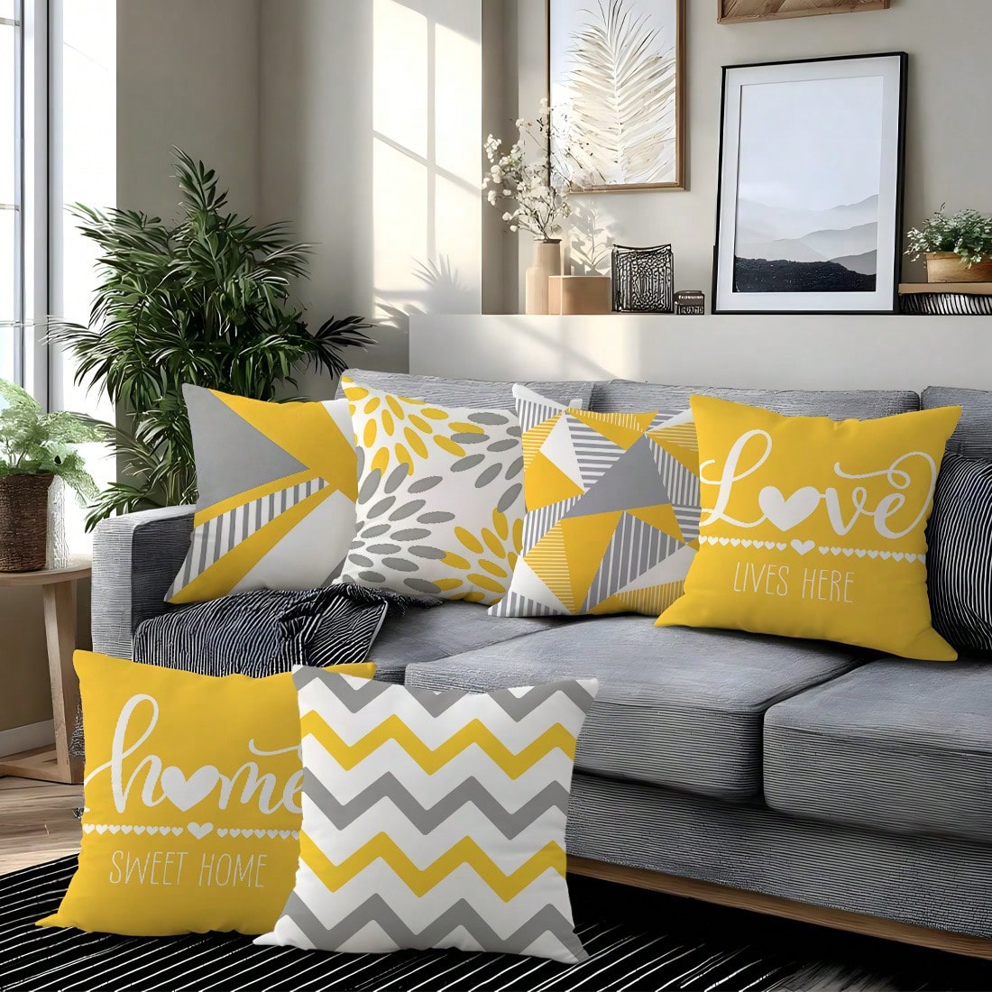6pcs Modern Minimalist Yellow Gray Geometric Floral "Home Sweet Home & Love Lives Here" Printed Cushion Cover [No Pillow Insert], 17.7*17.7in(45*45cm)/19.69*19.69in(50*50cm)/15.75*15.75in(40*40cm), [S