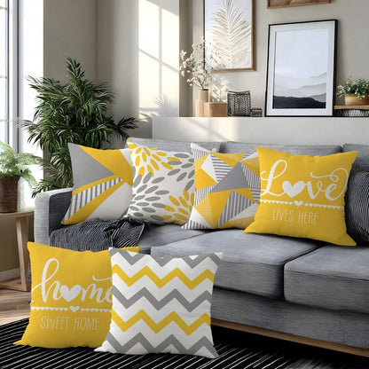 6pcs Modern Minimalist Yellow Gray Geometric Floral "Home Sweet Home & Love Lives Here" Printed Cushion Cover [No Pillow Insert], 17.7*17.7in(45*45cm)/19.69*19.69in(50*50cm)/15.75*15.75in(40*40cm), [S