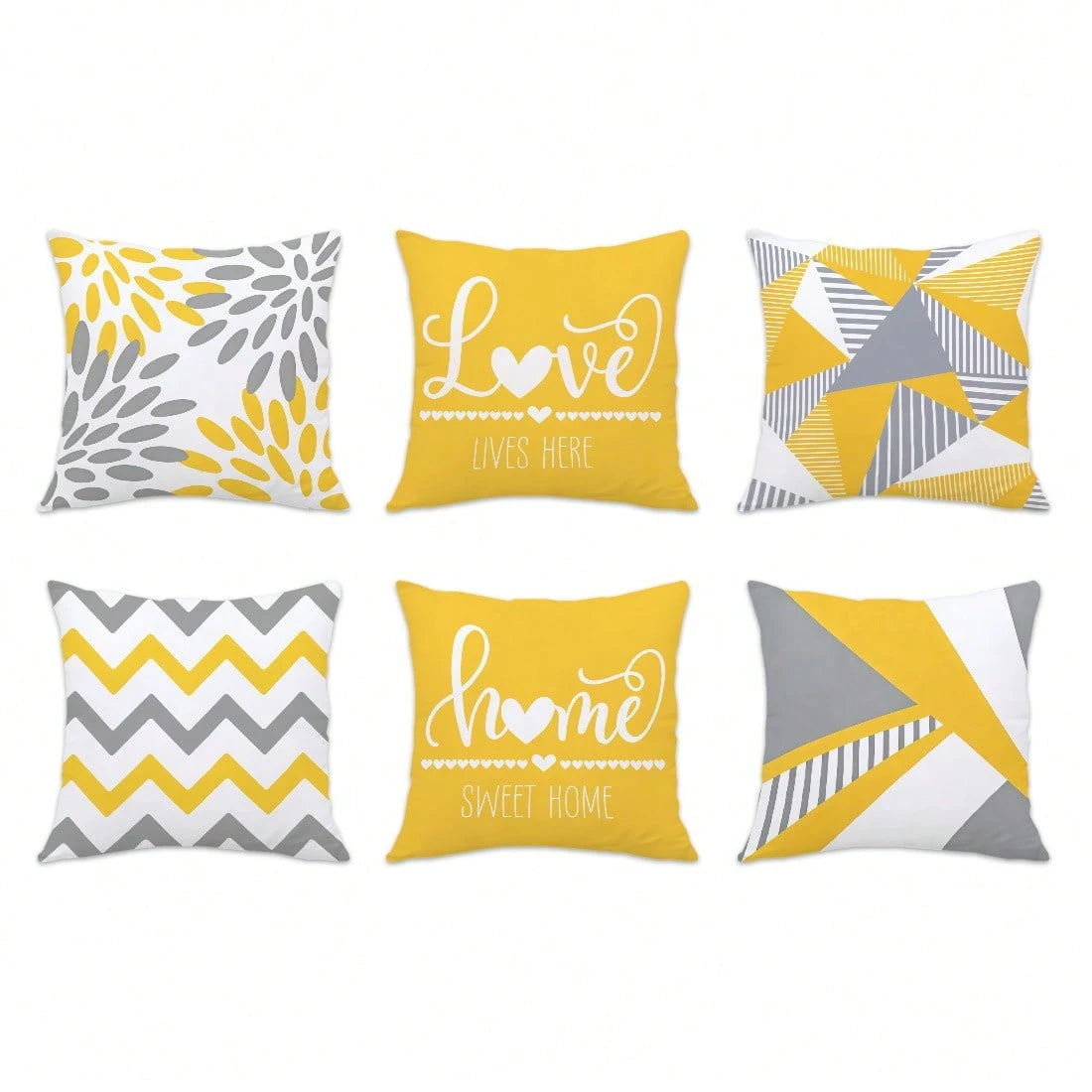 6pcs Modern Minimalist Yellow Gray Geometric Floral "Home Sweet Home & Love Lives Here" Printed Cushion Cover [No Pillow Insert], 17.7*17.7in(45*45cm)/19.69*19.69in(50*50cm)/15.75*15.75in(40*40cm), [S