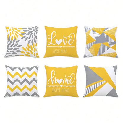 6pcs Modern Minimalist Yellow Gray Geometric Floral "Home Sweet Home & Love Lives Here" Printed Cushion Cover [No Pillow Insert], 17.7*17.7in(45*45cm)/19.69*19.69in(50*50cm)/15.75*15.75in(40*40cm), [S