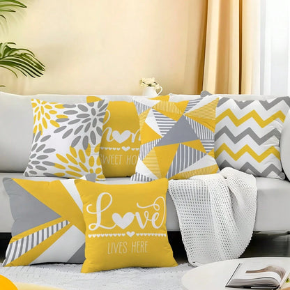 6pcs Modern Minimalist Yellow Gray Geometric Floral "Home Sweet Home & Love Lives Here" Printed Cushion Cover [No Pillow Insert], 17.7*17.7in(45*45cm)/19.69*19.69in(50*50cm)/15.75*15.75in(40*40cm), [S