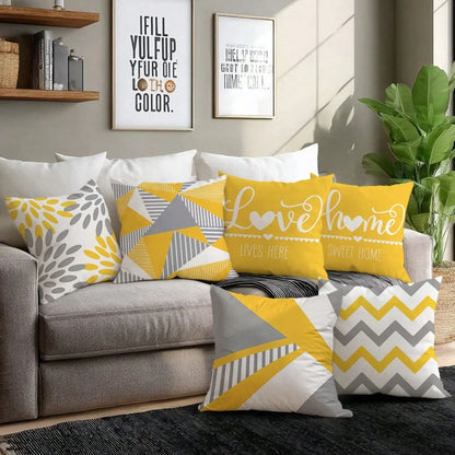 6pcs Modern Minimalist Yellow Gray Geometric Floral "Home Sweet Home & Love Lives Here" Printed Cushion Cover [No Pillow Insert], 17.7*17.7in(45*45cm)/19.69*19.69in(50*50cm)/15.75*15.75in(40*40cm), [S