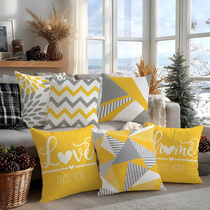 6pcs Modern Minimalist Yellow Gray Geometric Floral "Home Sweet Home & Love Lives Here" Printed Cushion Cover [No Pillow Insert], 17.7*17.7in(45*45cm)/19.69*19.69in(50*50cm)/15.75*15.75in(40*40cm), [S