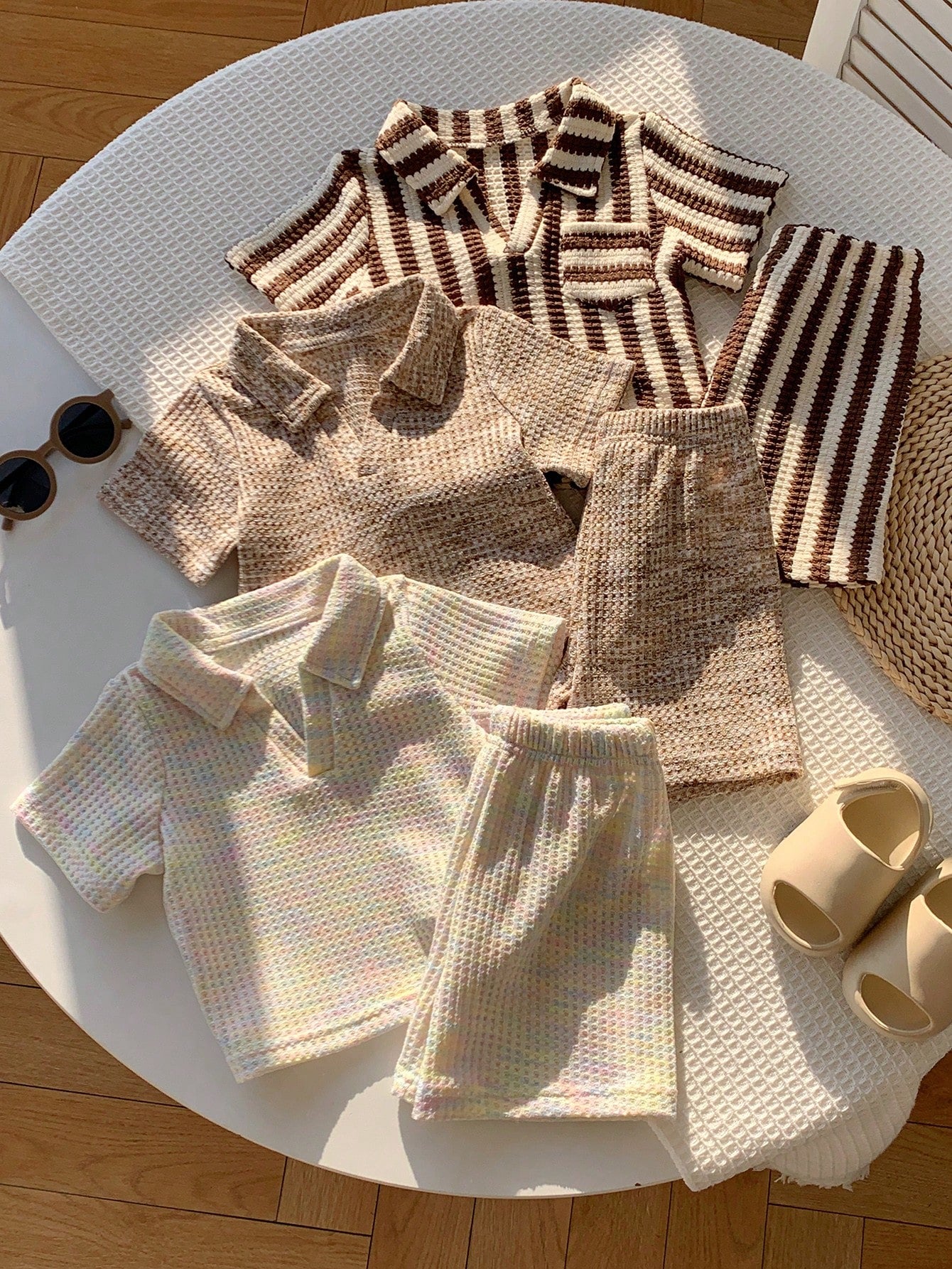 6pcs Newborn Baby Boy Casual Comfortable Summer Knit Striped Polo Shirt & Elastic Waist Shorts Set, Multi-Color Basic Polo Outfit