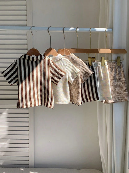 6pcs Newborn Baby Boy Casual Comfortable Summer Knit Striped Polo Shirt & Elastic Waist Shorts Set, Multi-Color Basic Polo Outfit