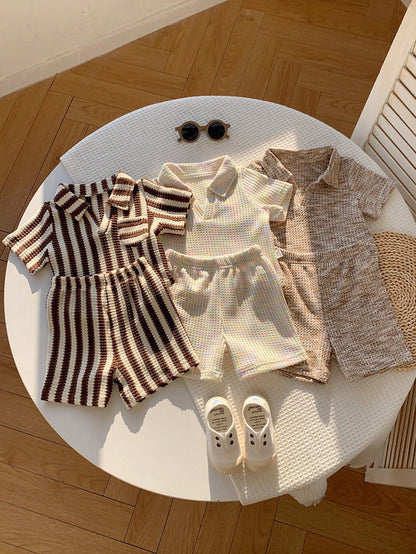 6pcs Newborn Baby Boy Casual Comfortable Summer Knit Striped Polo Shirt & Elastic Waist Shorts Set, Multi-Color Basic Polo Outfit