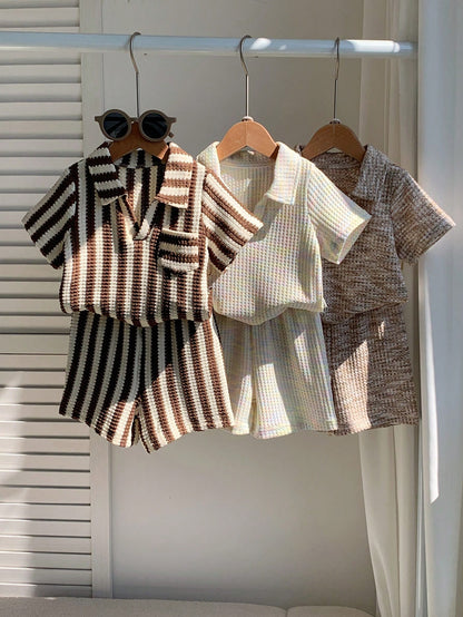 6pcs Newborn Baby Boy Casual Comfortable Summer Knit Striped Polo Shirt & Elastic Waist Shorts Set, Multi-Color Basic Polo Outfit