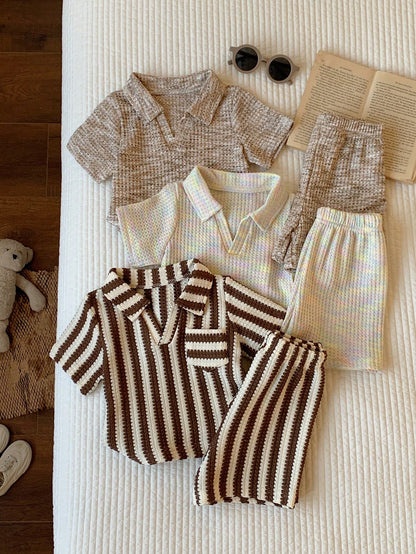 6pcs Newborn Baby Boy Casual Comfortable Summer Knit Striped Polo Shirt & Elastic Waist Shorts Set, Multi-Color Basic Polo Outfit