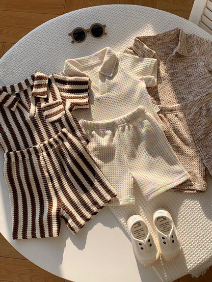 6pcs Newborn Baby Boy Casual Comfortable Summer Knit Striped Polo Shirt & Elastic Waist Shorts Set, Multi-Color Basic Polo Outfit