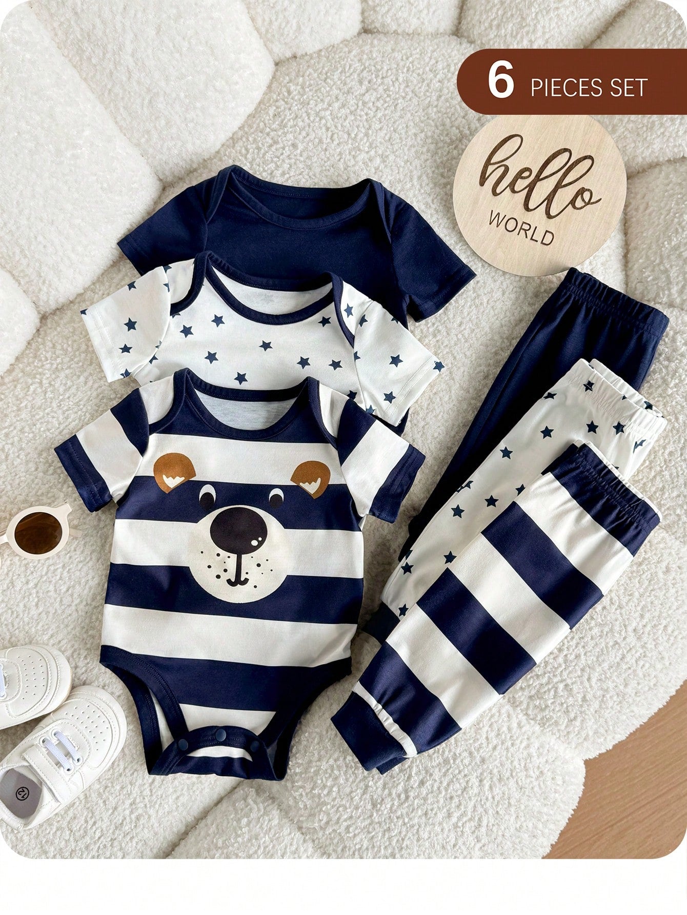6pcs Newborn Baby Boy Summer Cute Cartoon Star Print Short Sleeve Romper & Pants Set