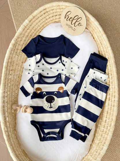 6pcs Newborn Baby Boy Summer Cute Cartoon Star Print Short Sleeve Romper & Pants Set
