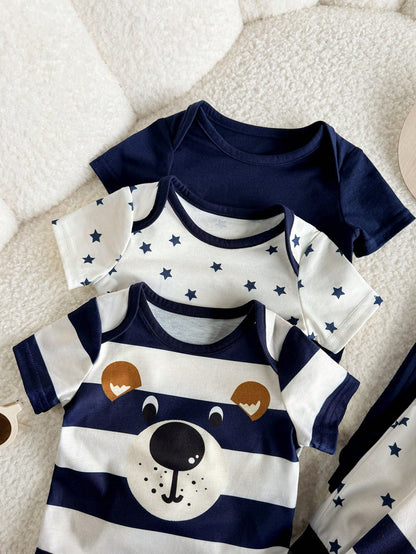 6pcs Newborn Baby Boy Summer Cute Cartoon Star Print Short Sleeve Romper & Pants Set
