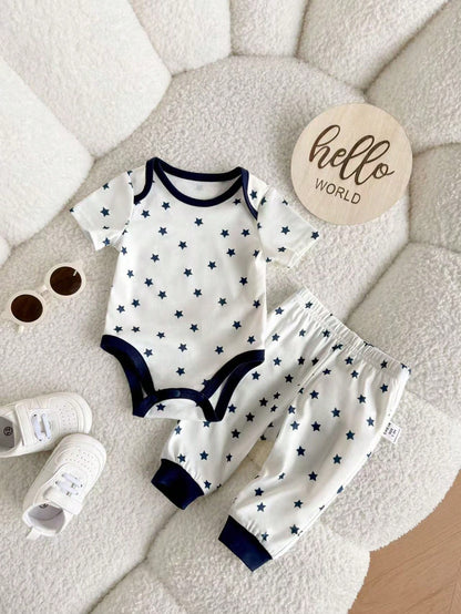6pcs Newborn Baby Boy Summer Cute Cartoon Star Print Short Sleeve Romper & Pants Set