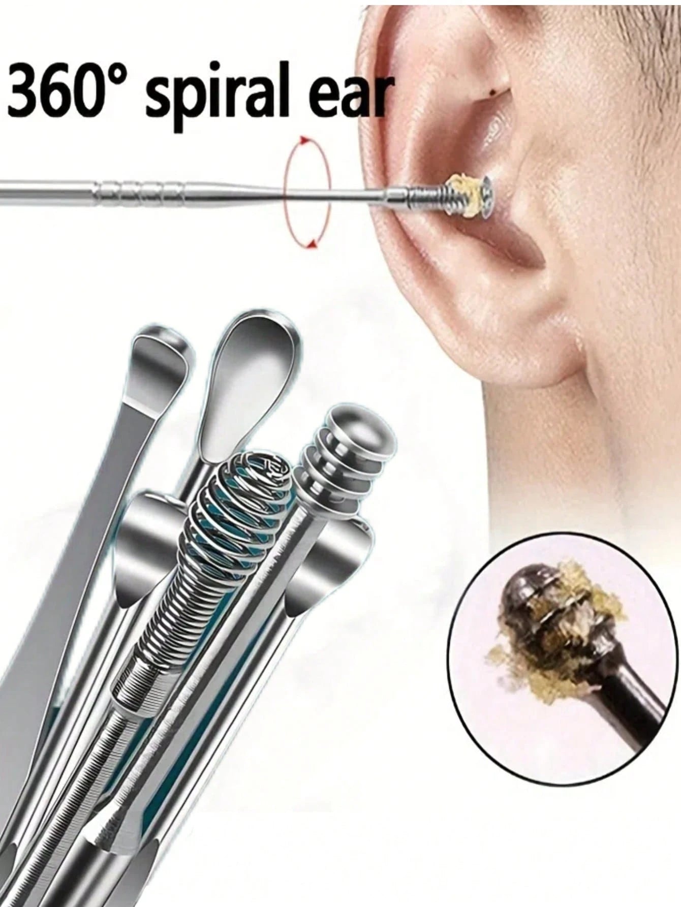 6pcs Portable Leather Ear Wax Removal Kit, Ear Spoon, Spiral Spring Ear Cleaner, Travel Size Ear Picker Set, New Stainless Steel, Spiral, Adult, No Battery, No Power Required, For Ear Cleaning Electri