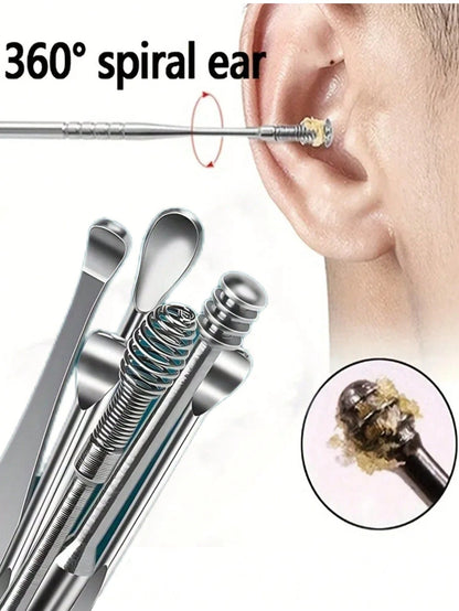 6pcs Portable Leather Ear Wax Removal Kit, Ear Spoon, Spiral Spring Ear Cleaner, Travel Size Ear Picker Set, New Stainless Steel, Spiral, Adult, No Battery, No Power Required, For Ear Cleaning Electri