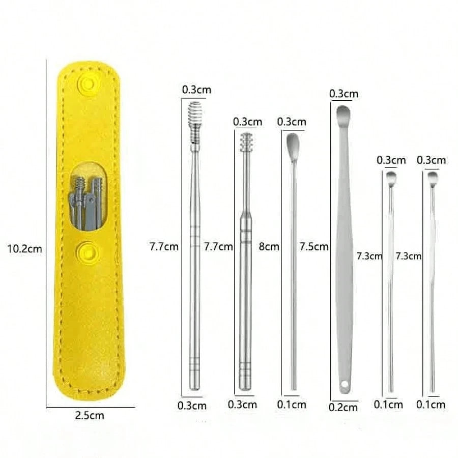 6pcs Portable Leather Ear Wax Removal Kit, Ear Spoon, Spiral Spring Ear Cleaner, Travel Size Ear Picker Set, New Stainless Steel, Spiral, Adult, No Battery, No Power Required, For Ear Cleaning Electri