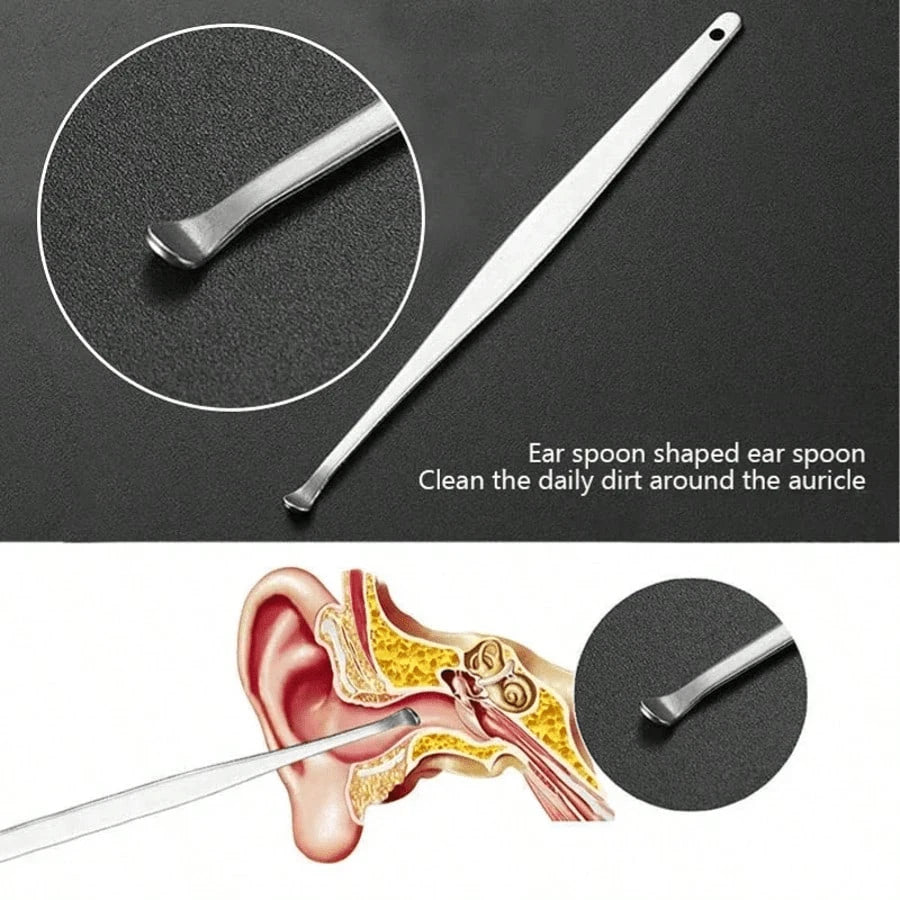 6pcs Portable Leather Ear Wax Removal Kit, Ear Spoon, Spiral Spring Ear Cleaner, Travel Size Ear Picker Set, New Stainless Steel, Spiral, Adult, No Battery, No Power Required, For Ear Cleaning Electri
