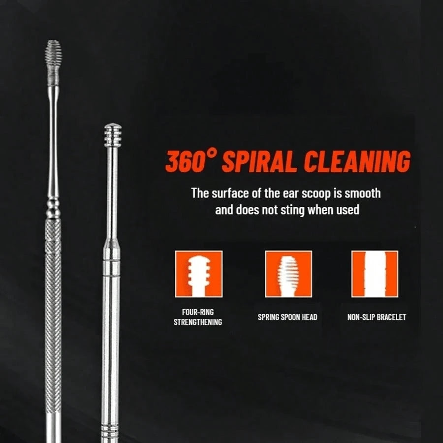 6pcs Portable Leather Ear Wax Removal Kit, Ear Spoon, Spiral Spring Ear Cleaner, Travel Size Ear Picker Set, New Stainless Steel, Spiral, Adult, No Battery, No Power Required, For Ear Cleaning Electri