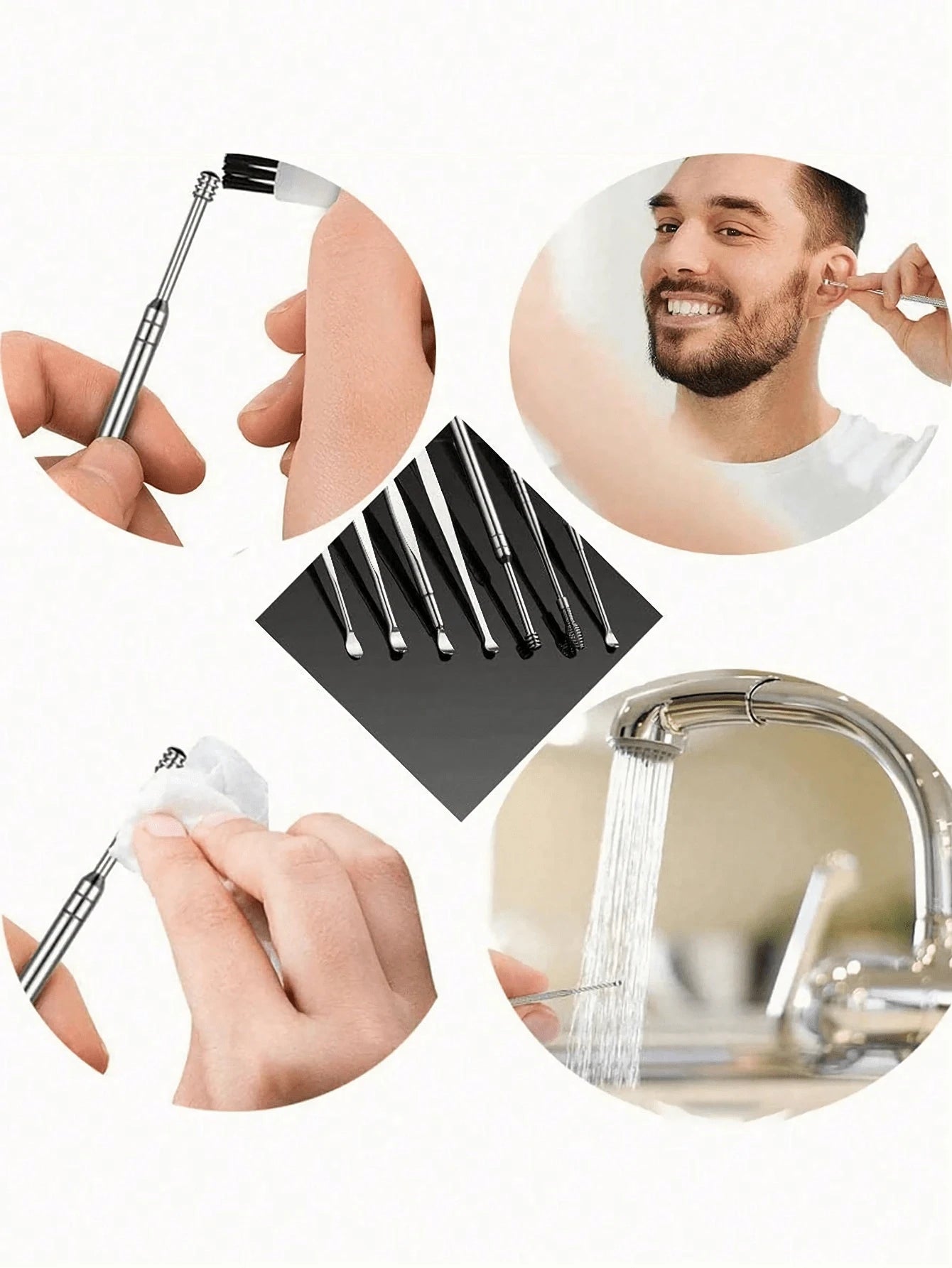 6pcs Portable Leather Ear Wax Removal Kit, Ear Spoon, Spiral Spring Ear Cleaner, Travel Size Ear Picker Set, New Stainless Steel, Spiral, Adult, No Battery, No Power Required, For Ear Cleaning Electri