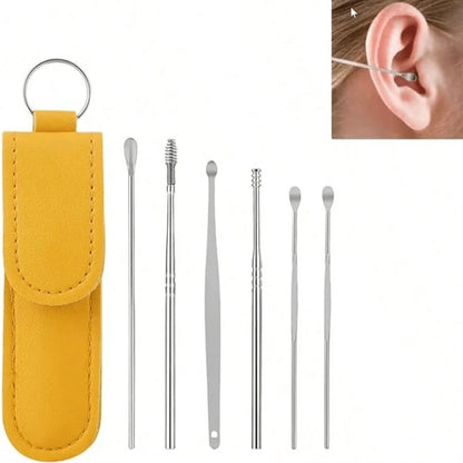 6pcs Portable Leather Ear Wax Removal Kit, Ear Spoon, Spiral Spring Ear Cleaner, Travel Size Ear Picker Set, New Stainless Steel, Spiral, Adult, No Battery, No Power Required, For Ear Cleaning Electri