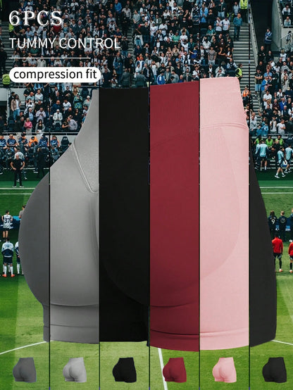 6pcs/Set Women's Seamless Elastic Lifting Shorts For Running, Training, Fitness, Yoga, Outdoor Sports, Spring/Summer, Suitable For Daily Wear And Exercise, Solid Color Workout Shorts, Cycling Shorts