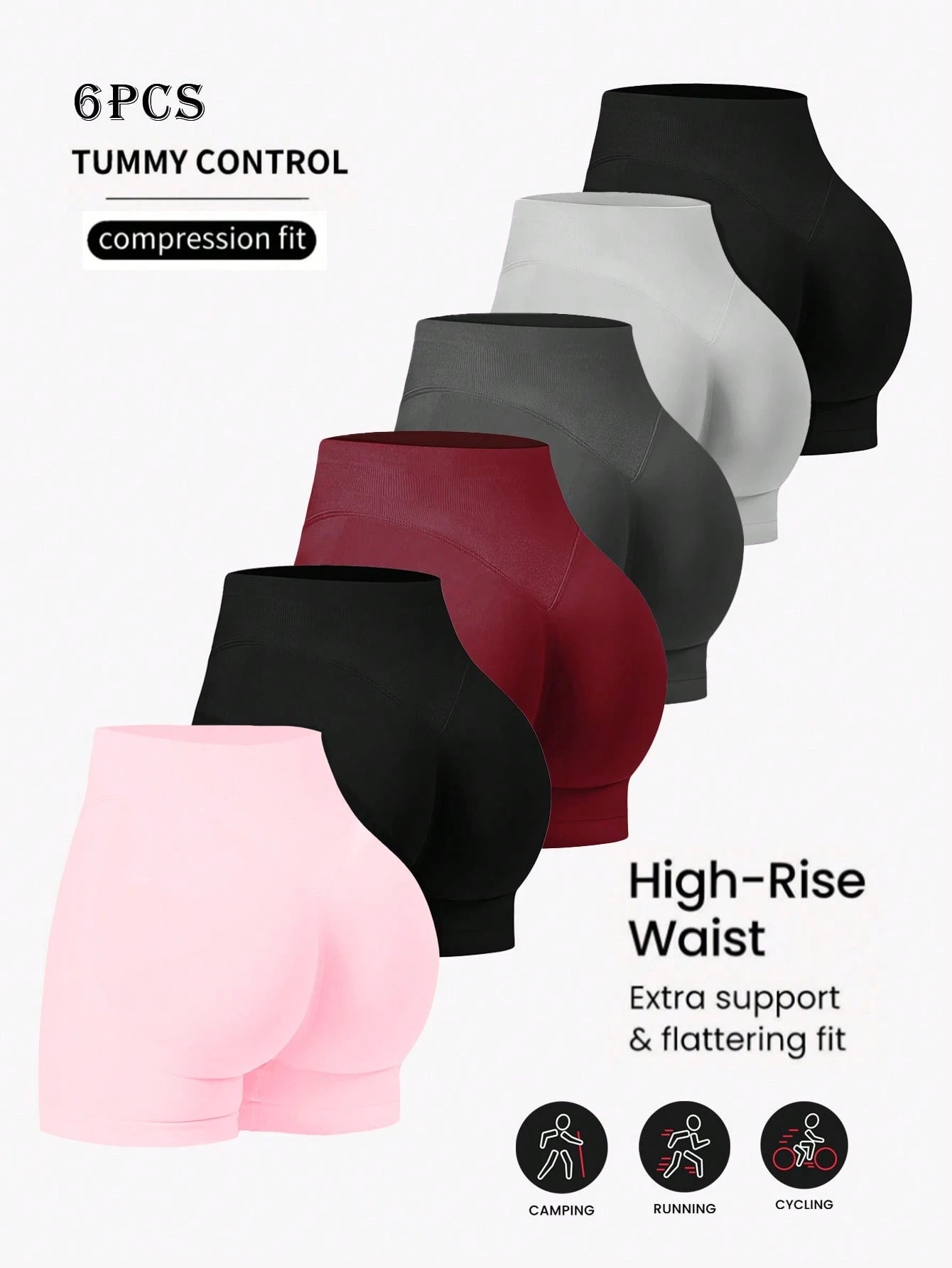 6pcs/Set Women's Seamless Elastic Lifting Shorts For Running, Training, Fitness, Yoga, Outdoor Sports, Spring/Summer, Suitable For Daily Wear And Exercise, Solid Color Workout Shorts, Cycling Shorts