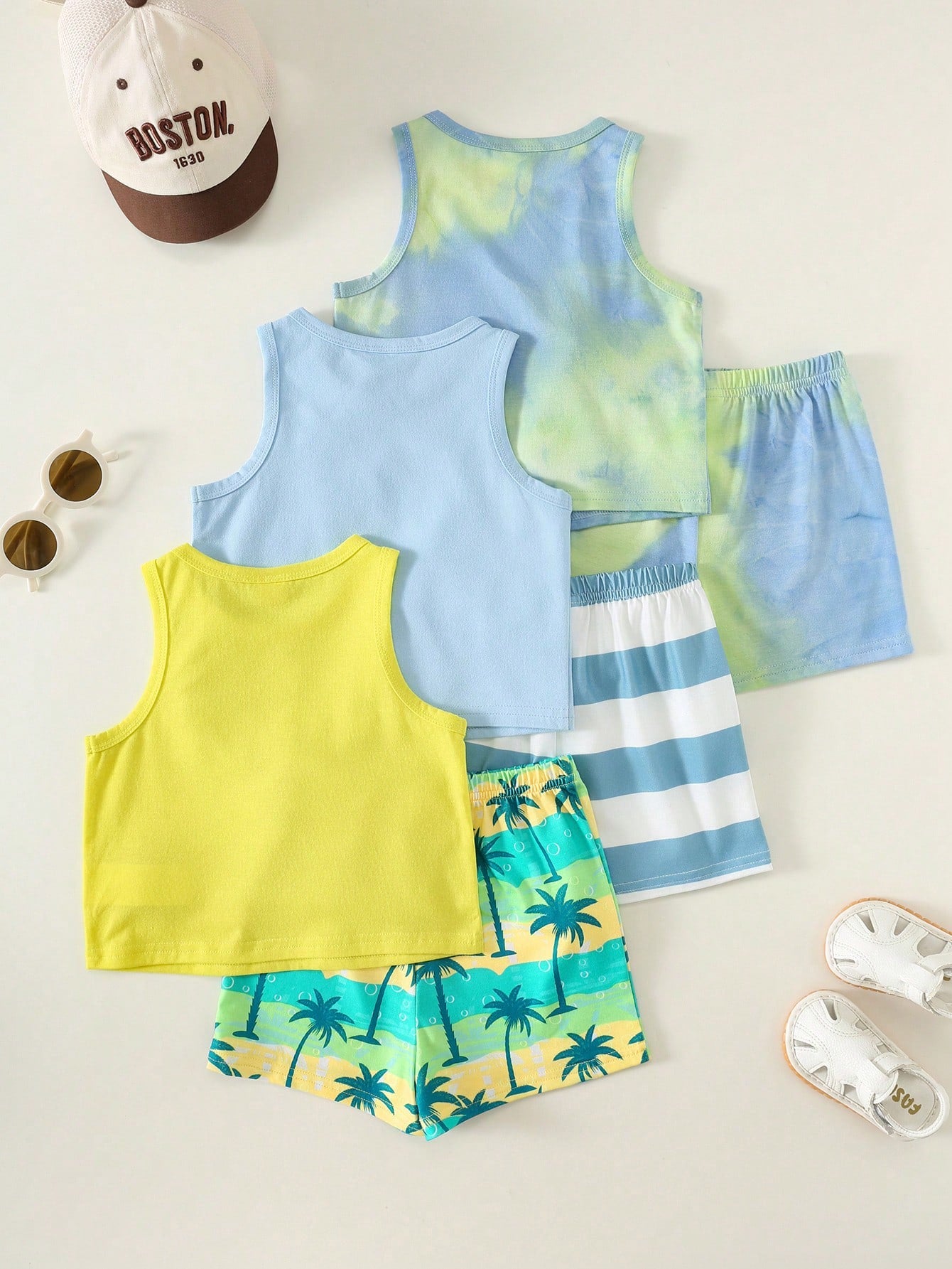 6pcs Unisex Baby/Toddler Boy Casual Cute Vacation Style Vest Top And Shorts Set, Baby Boy Outfit Sets, Baby Boy Summer Clothes