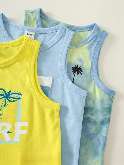 6pcs Unisex Baby/Toddler Boy Casual Cute Vacation Style Vest Top And Shorts Set, Baby Boy Outfit Sets, Baby Boy Summer Clothes