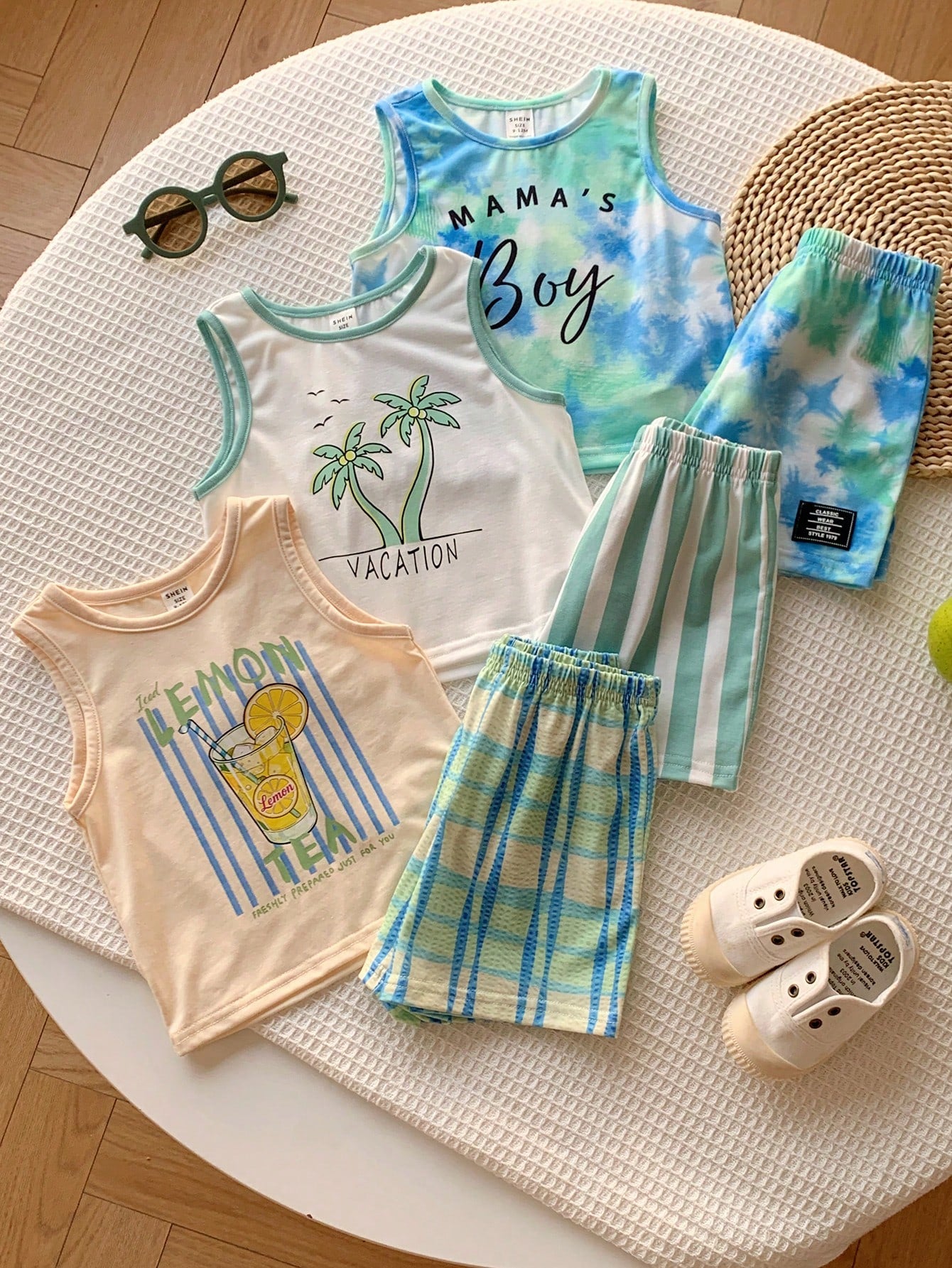 6pcs Unisex Baby/Toddler Boy Casual Cute Vacation Style Vest Top And Shorts Set, Baby Boy Outfit Sets, Baby Boy Summer Clothes