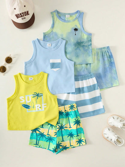 6pcs Unisex Baby/Toddler Boy Casual Cute Vacation Style Vest Top And Shorts Set, Baby Boy Outfit Sets, Baby Boy Summer Clothes