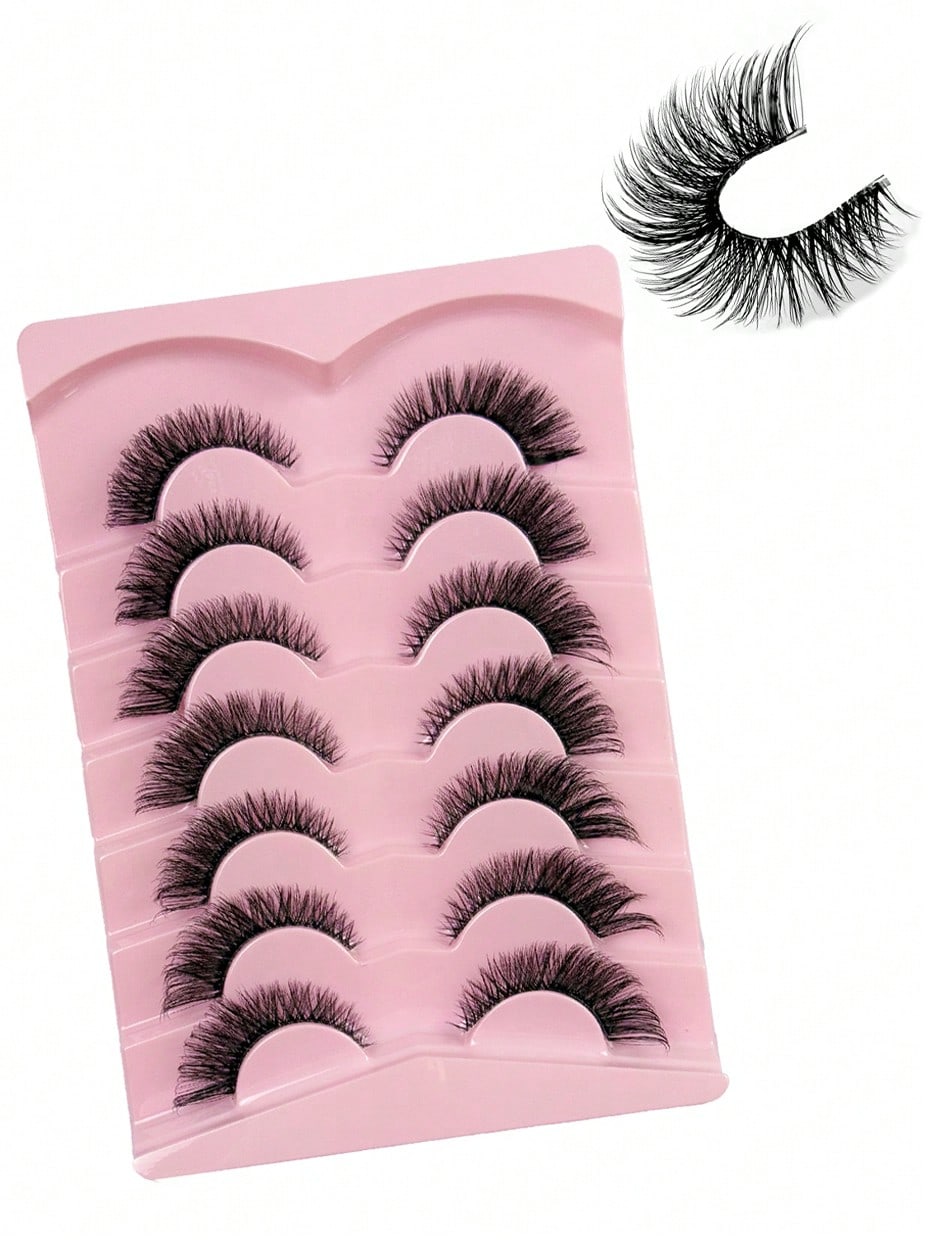 7 Pairs Cat Eye 3D Faux Mink False Eyelashes Natural Look Long Clear Band Lashes Winged End Eye Elongated Eyelashes- Cat Eye Style For Full Strip Eye Lengthening