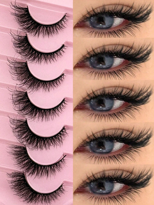 7 Pairs Of Cat-Eye False Eyelashes, Fluffy 3D Messy Natural Long Soft Winged End Eyeliner Lengthened Imitation Mink False Eyelashes, Reusable, Suitable For Daily Life, Weddings, Dates, Parties, Music