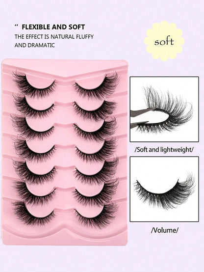 7 Pairs Of Cat-Eye False Eyelashes, Fluffy 3D Messy Natural Long Soft Winged End Eyeliner Lengthened Imitation Mink False Eyelashes, Reusable, Suitable For Daily Life, Weddings, Dates, Parties, Music