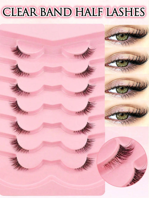 7 Pairs Of Half-Strip False Eyelashes, Natural Makeup Effect, Transparent Lash Bands, Lightweight & Fluffy, Create Cat Eye Makeup, Natural Short Accent False Lashes, Outer Corner Lashes, 3/4 False Las