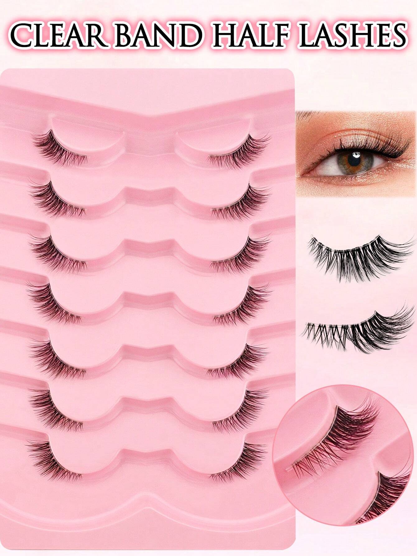 7 Pairs Of Half-Strip False Eyelashes, Natural Makeup Effect, Transparent Lash Bands, Lightweight & Fluffy, Create Cat Eye Makeup, Natural Short Accent False Lashes, Outer Corner Lashes, 3/4 False Las