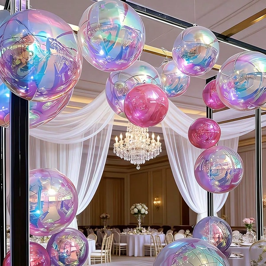 7pcs Rainbow Foil Round Balloons (1pc 22 Inch, 3pcs 12 Inch, 3pcs 10 Inch) Suitable For Wedding, Birthday, Valentine's Day, Anniversary, Mother's Day, Father's Day, Gender Reveal Party Decoration, 4D