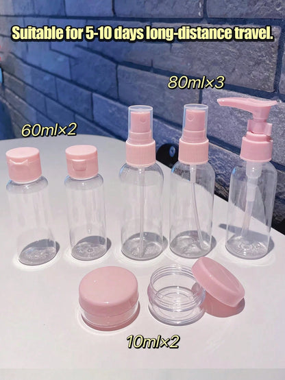 7pcs Refillable Travel Cosmetic Bottle Set, Portable Toiletry Bag Set, Includes Spray Bottle, Lotion Bottle, Shampoo Bottle, Cream Bottle, Empty Bottle, Portable Accessory Storage Bag