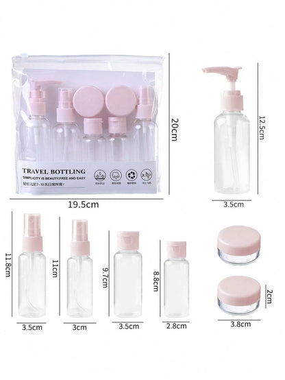 7pcs Refillable Travel Cosmetic Bottle Set, Portable Toiletry Bag Set, Includes Spray Bottle, Lotion Bottle, Shampoo Bottle, Cream Bottle, Empty Bottle, Portable Accessory Storage Bag