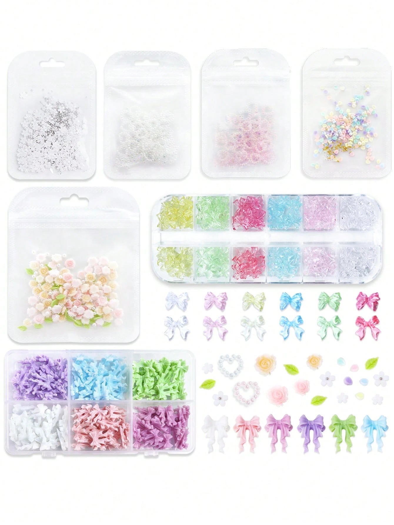 7pcs/Set Multi-Style Rose Bow Flower Heart Nail Art Decorations, Kawaii Nail Art Parts, Y2K Romantic Soft Minimalist Style Nail Art Supplies Accessories, Suitable For DIY Women's Nail Salon Design Dec